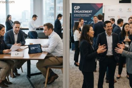 Business professionals discussing LP vs GP roles at an investment networking event.