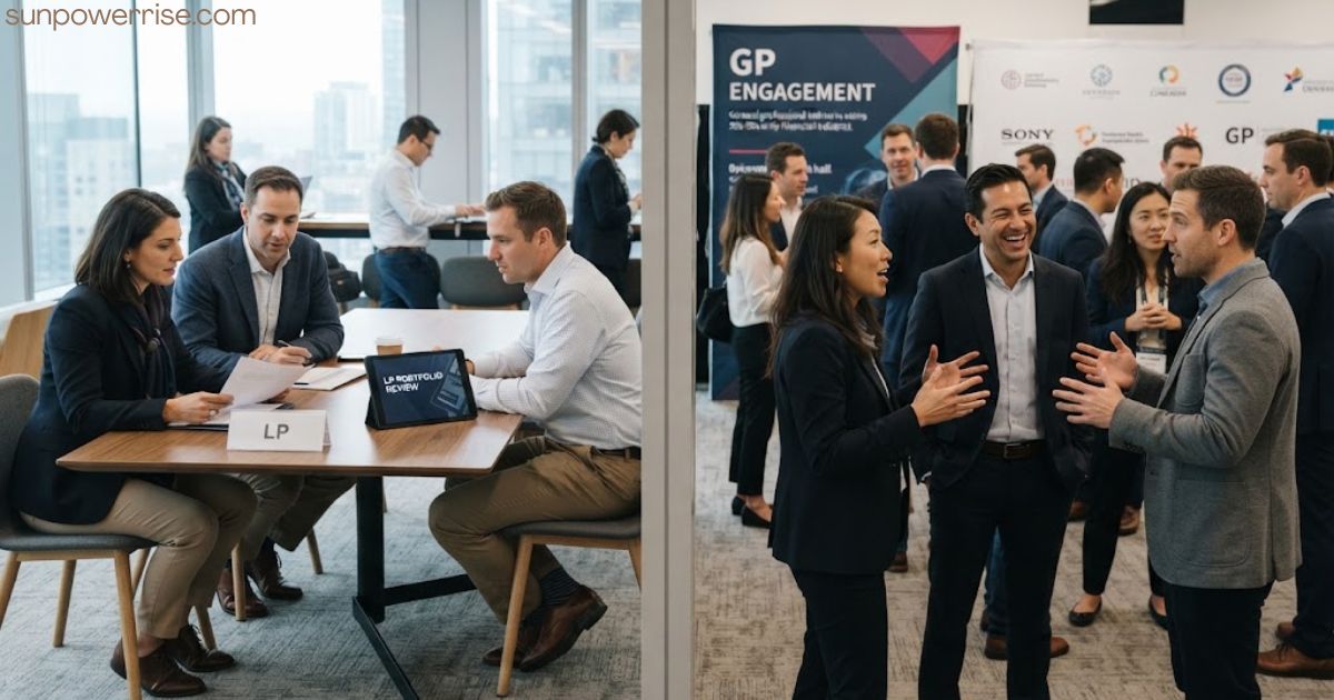 Business professionals discussing LP vs GP roles at an investment networking event.