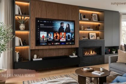 Modern living room featuring stylish media wall ideas with a mounted TV, built-in shelving, fireplace, and warm LED lighting.