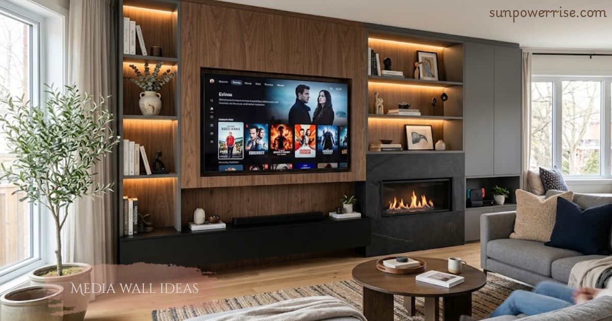 Modern living room featuring stylish media wall ideas with a mounted TV, built-in shelving, fireplace, and warm LED lighting.