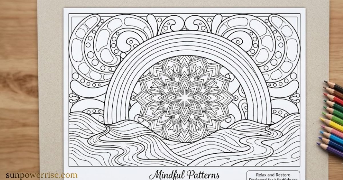 Mindful colouring activity with coloured pencils and intricate patterns