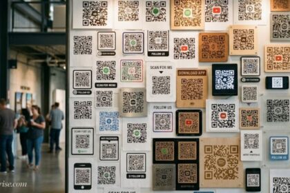 QR codes in print displayed on a wall for menus, social media, apps, and digital content.