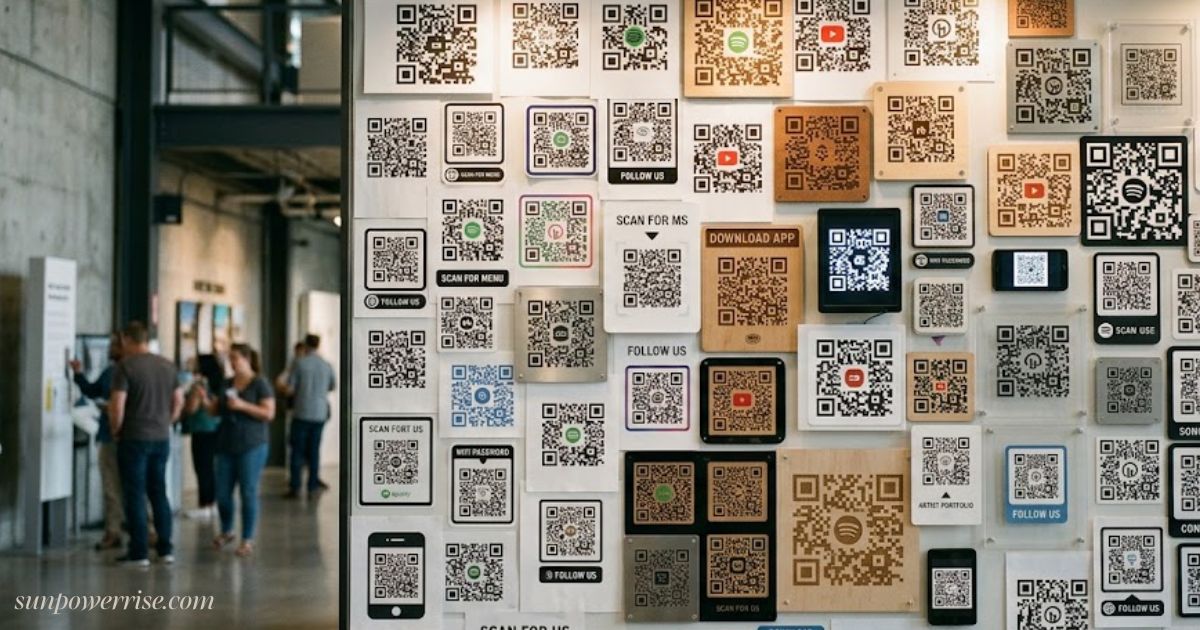 QR codes in print displayed on a wall for menus, social media, apps, and digital content.