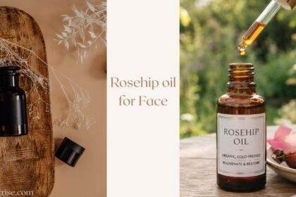 Rosehip oil for face shown as a natural skincare oil for nourishing and hydrating facial skin.