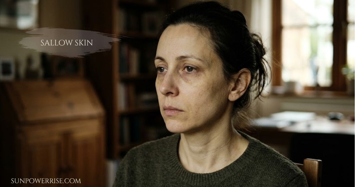 Sallow skin appearance shown on a woman’s face with a dull, pale, and uneven complexion.