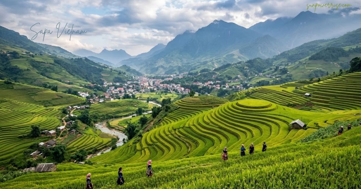 Sapa Vietnam with lush green terraced rice fields, local villagers, a winding river, mountain valley, and dramatic clouds in the background