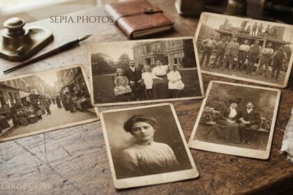 Sepia photos of vintage family portraits, historic streets, and old-fashioned scenes arranged on a wooden table.
