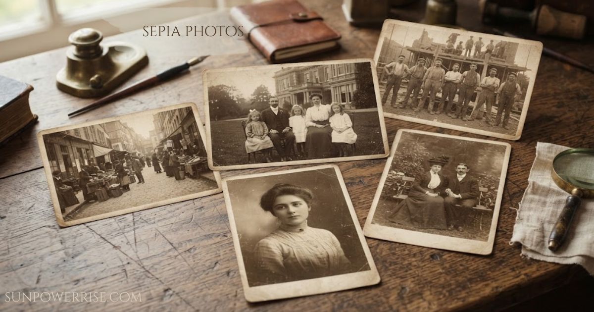 Sepia photos of vintage family portraits, historic streets, and old-fashioned scenes arranged on a wooden table.