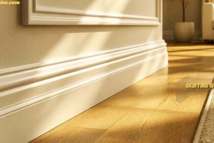 Skirting board installed along a modern wooden floor in a bright living room