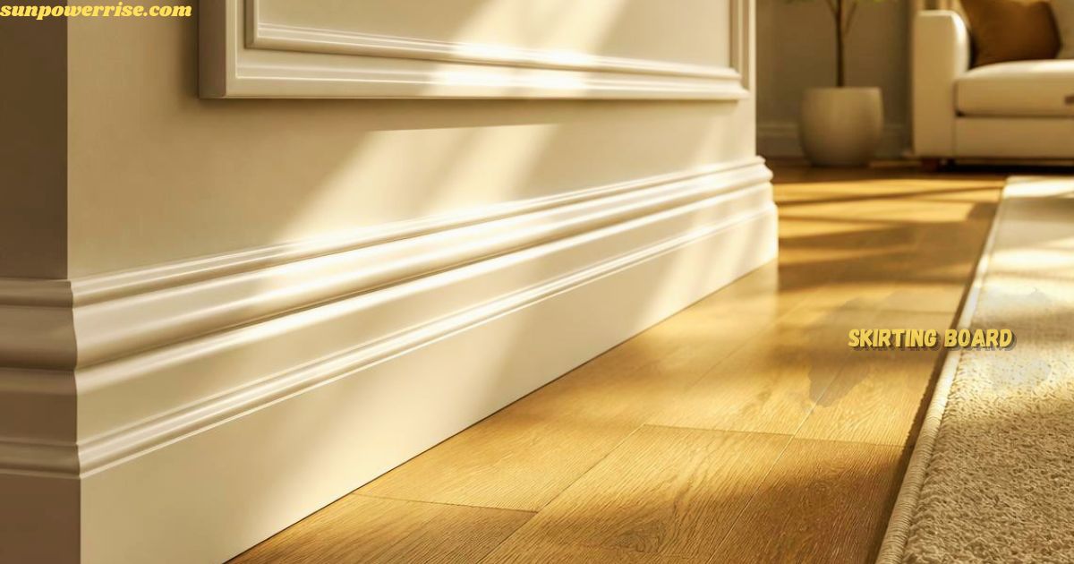 Skirting board installed along a modern wooden floor in a bright living room