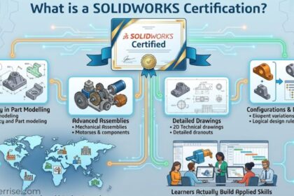 SolidWorks certification graphic showing a certified certificate, part modelling, advanced assemblies, detailed drawings, configurations, and applied engineering skills