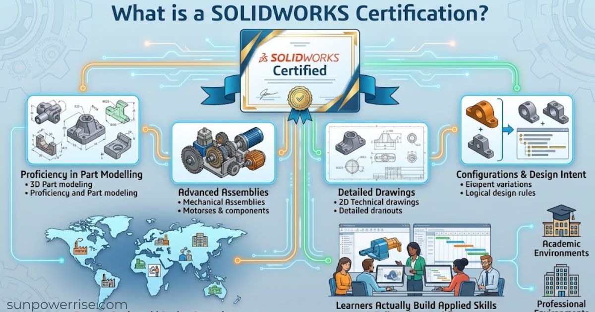 SolidWorks certification graphic showing a certified certificate, part modelling, advanced assemblies, detailed drawings, configurations, and applied engineering skills