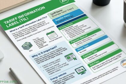 Tariff information label (TIL) explaining energy tariff details, pricing, and supplier information.