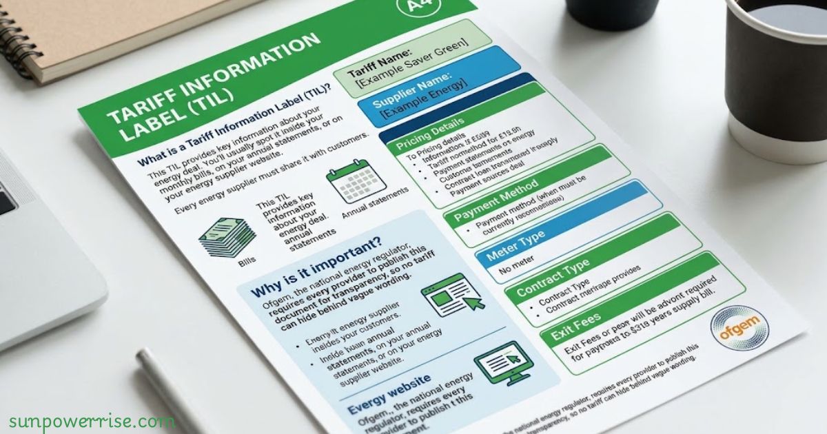 Tariff information label (TIL) explaining energy tariff details, pricing, and supplier information.