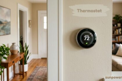 Thermostat mounted on a wall in a modern home, displaying the current heating temperature.
