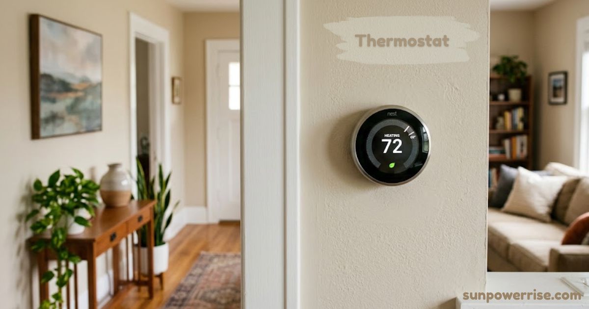 Thermostat mounted on a wall in a modern home, displaying the current heating temperature.