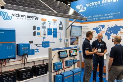 Victron Energy booth at a trade show showcasing off-grid power systems, solar panels, inverters, batteries, and energy monitoring equipment, with staff discussing the products