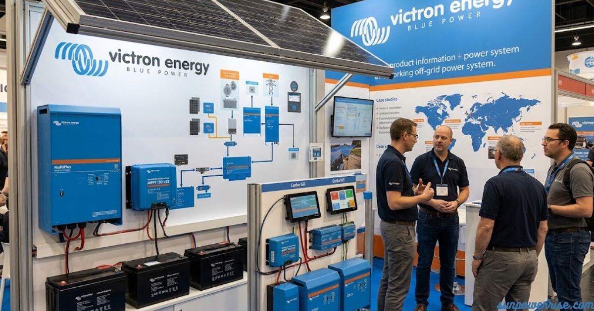Victron Energy booth at a trade show showcasing off-grid power systems, solar panels, inverters, batteries, and energy monitoring equipment, with staff discussing the products