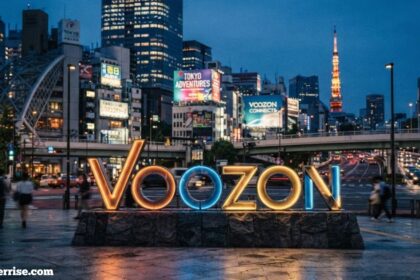 Voozon sign displayed in a busy Tokyo cityscape at night with illuminated buildings, roads, and Tokyo Tower in the background.