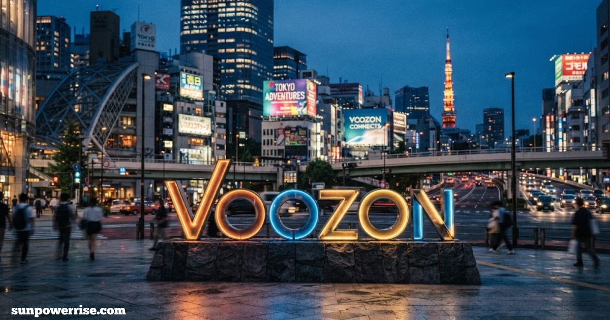Voozon sign displayed in a busy Tokyo cityscape at night with illuminated buildings, roads, and Tokyo Tower in the background.