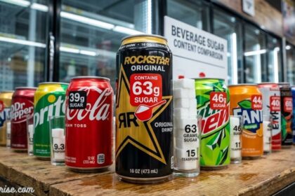What fizzy drink has the most sugar, showing Rockstar Original with 63g of sugar alongside other popular fizzy drinks.