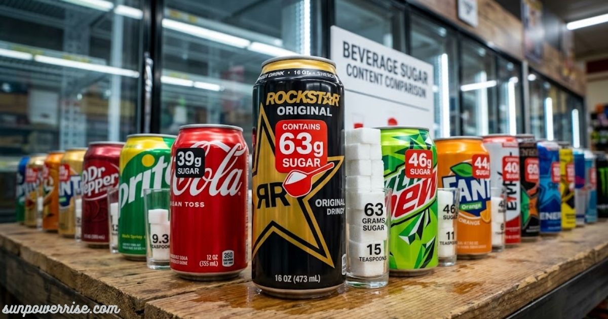 What fizzy drink has the most sugar, showing Rockstar Original with 63g of sugar alongside other popular fizzy drinks.