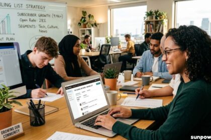 What is a mailing list strategy showing a team planning subscriber growth, newsletters, and email marketing content.