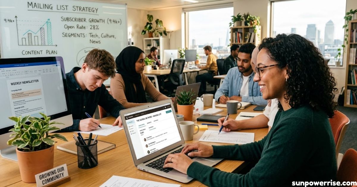 What is a mailing list strategy showing a team planning subscriber growth, newsletters, and email marketing content.