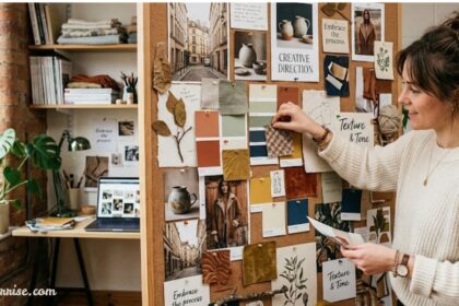 What is a mood board showing a creative workspace with colours, textures, images, and design ideas.