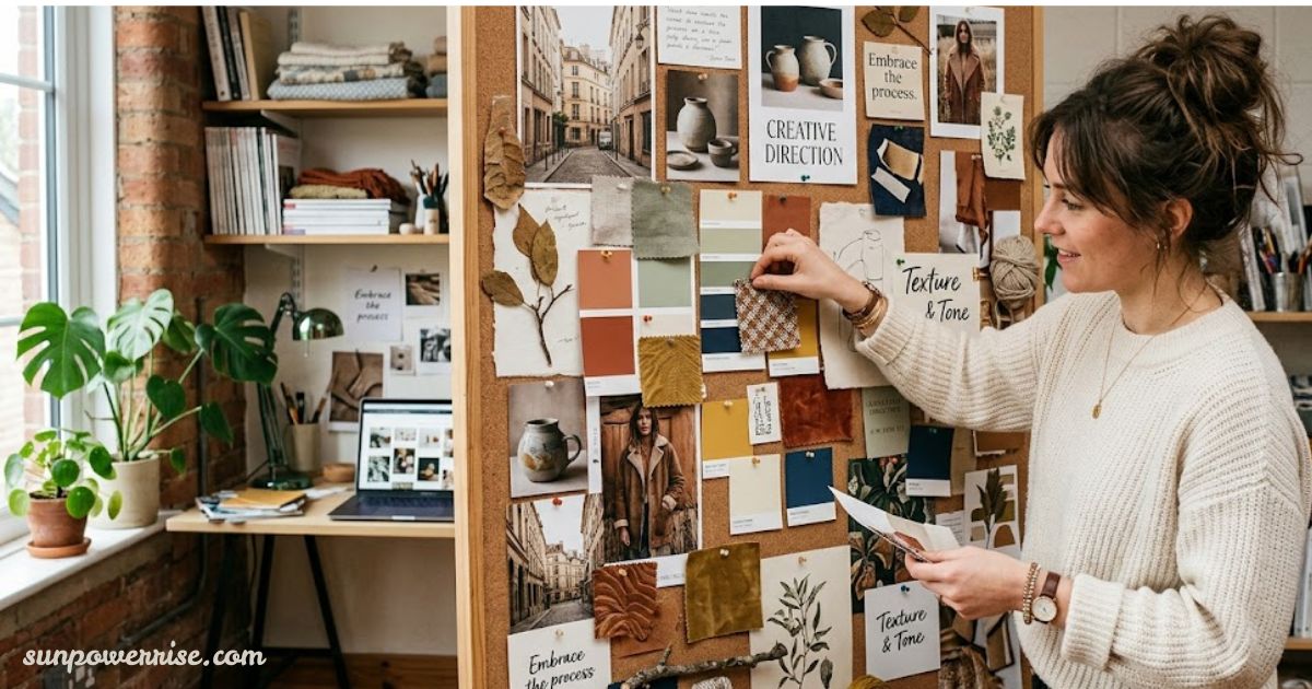 What is a mood board showing a creative workspace with colours, textures, images, and design ideas.