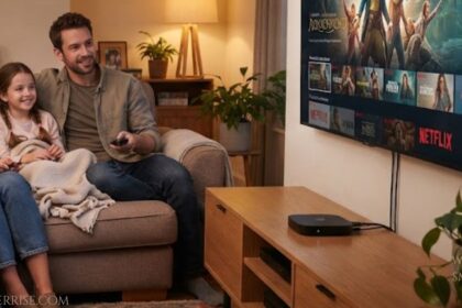 What is a smart TV box: a family watching streaming content on a smart TV connected to a smart TV box.