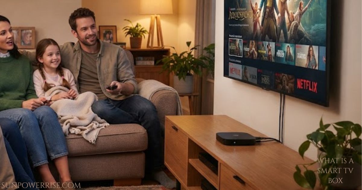 What is a smart TV box: a family watching streaming content on a smart TV connected to a smart TV box.