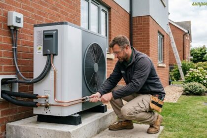 Professional air source heat pump installation Manchester service with an engineer connecting a heat pump system.