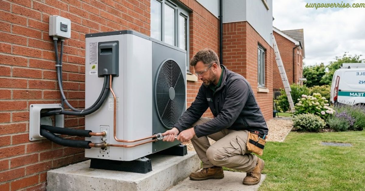 Professional air source heat pump installation Manchester service with an engineer connecting a heat pump system.