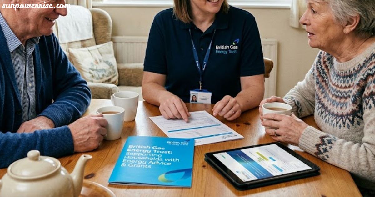 British Gas Energy Trust advisor discussing energy support with an elderly couple at home
