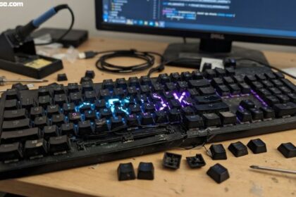 Broken keyboard Grok answer showing a disassembled RGB mechanical keyboard with loose keys during repair.