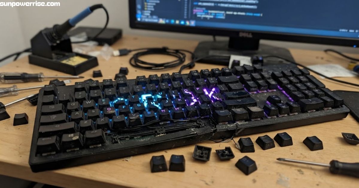 Broken keyboard Grok answer showing a disassembled RGB mechanical keyboard with loose keys during repair.