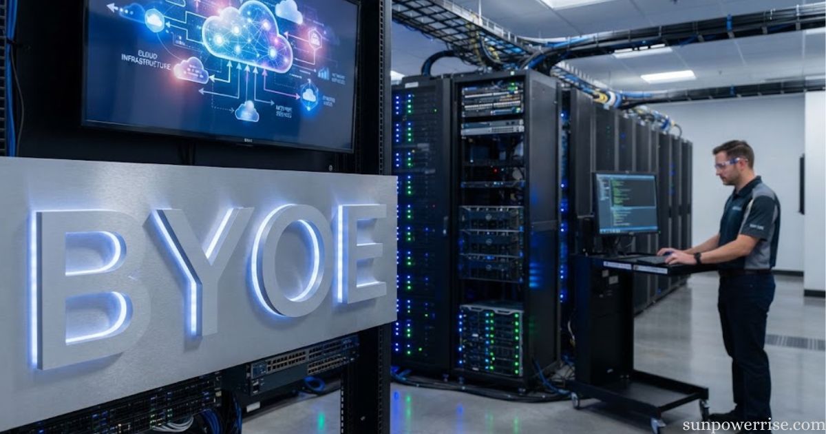 BYOE technology in a data centre with cloud infrastructure and server management.