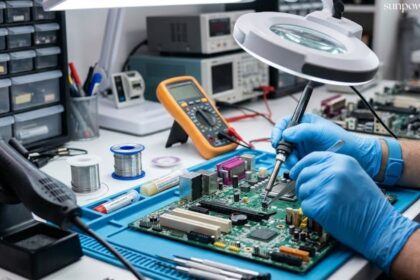 Computer motherboard repair technician inspecting a circuit board using electronic testing tools.