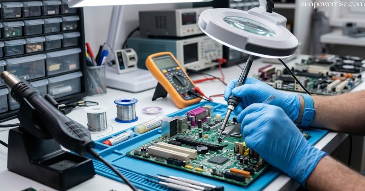 Computer motherboard repair technician inspecting a circuit board using electronic testing tools.