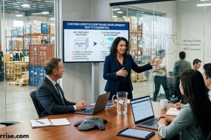 Custom logistics software development team discussing a tailored logistics solution