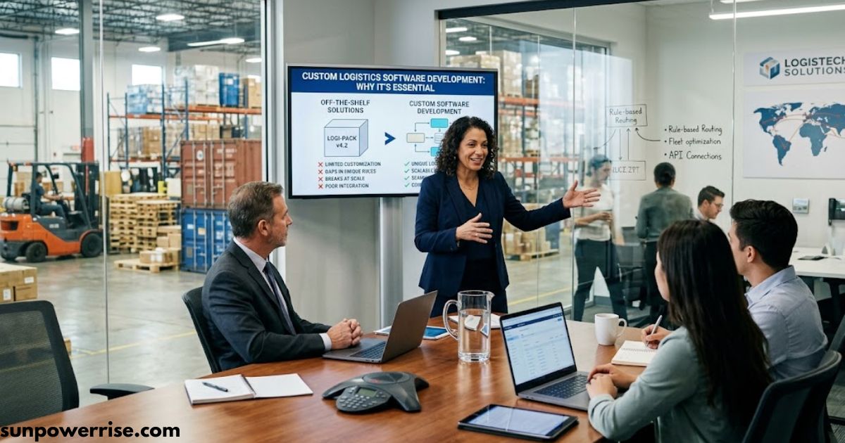 Custom logistics software development team discussing a tailored logistics solution