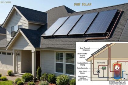 DHW solar panels installed on a house roof with a diagram of the solar thermal water heating system.