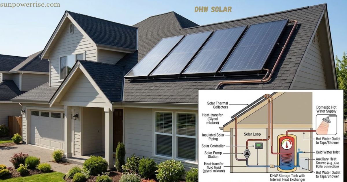 DHW solar panels installed on a house roof with a diagram of the solar thermal water heating system.