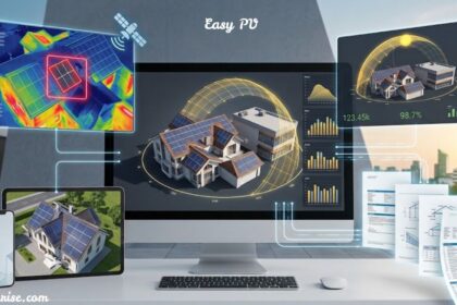 Easy PV solar design and monitoring software showing solar-powered homes, thermal imaging, performance data, and system reports.