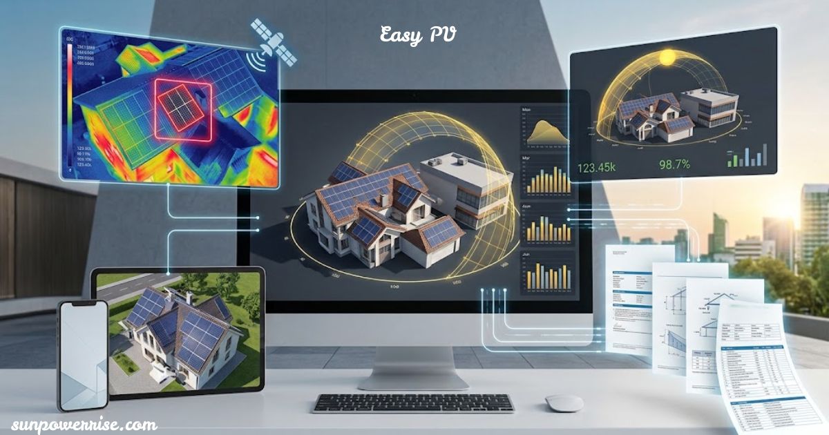 Easy PV solar design and monitoring software showing solar-powered homes, thermal imaging, performance data, and system reports.