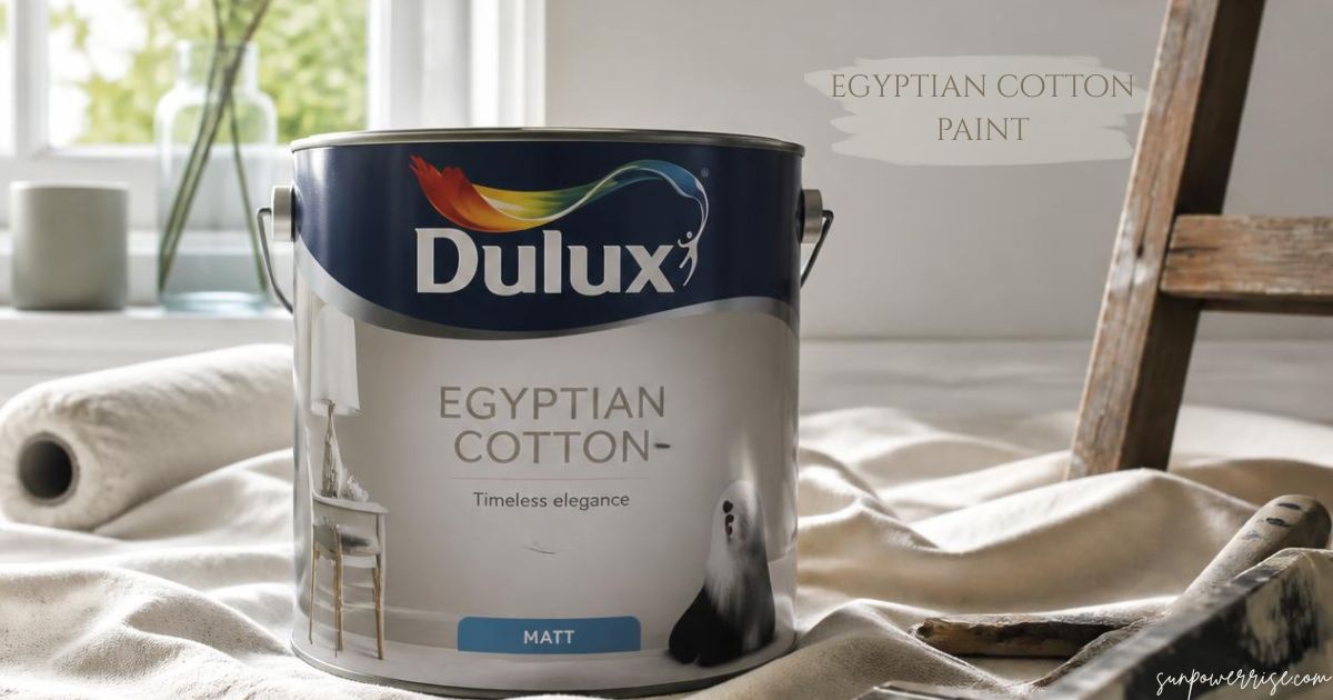 Egyptian cotton paint shown in a Dulux paint tin with decorating tools.