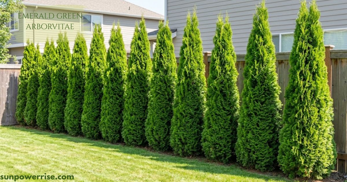 Row of emerald green arborvitae trees forming a natural privacy screen along a fence.