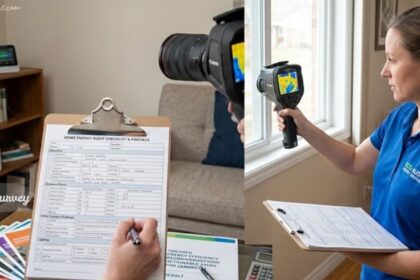 Professional conducting an energy survey using a thermal imaging camera to assess home energy efficiency.
