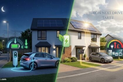 EON Next Drive tariff comparison showing cheaper overnight EV charging and daytime electricity costs with solar power.